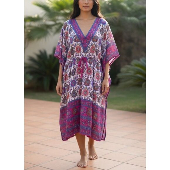 Bohemian Paisley Floral V-Neck Kaftan Dress - Picture 1 of 10